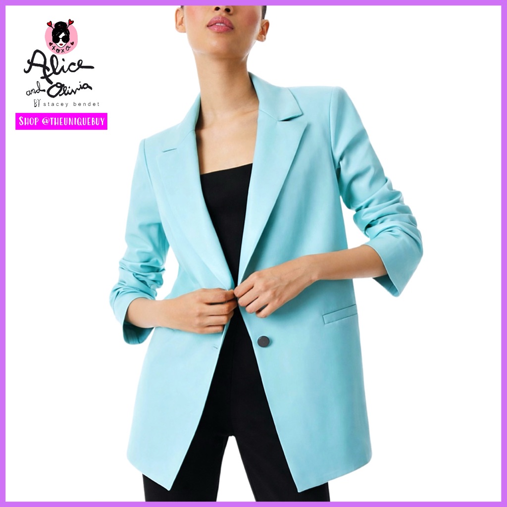 Alice + Olivia Dunn Vegan Leather Roll Cuff Blue Breeze Blazer Jacket